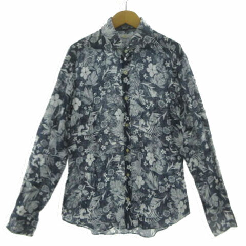 ジャンネット GIANNETTO ボタニカル柄リネンシャツ SlimFIT ホリゾンタルワイドカラー イタリア製 ネイビー ホワイト 39-15.5 メンズ  260519
