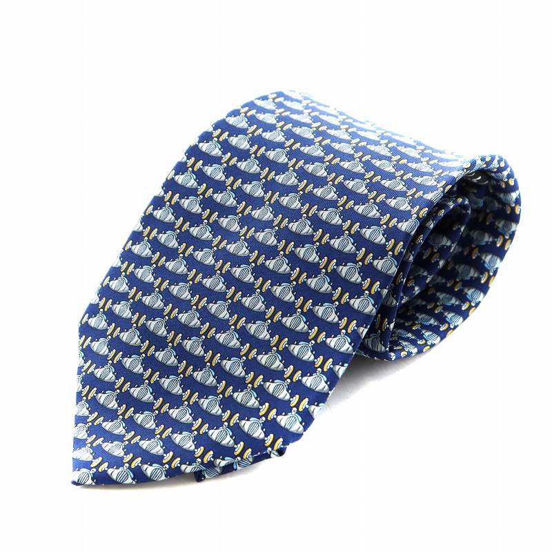 【中古】サルヴァトーレフェラガモ Salvatore Ferragamo レギュラータイ ネクタイ 総柄 シルク 絹 紺 ネイビー 青 ブルー /AN1 ■OH ■MU メンズ 【ベクトル 古着】 241030