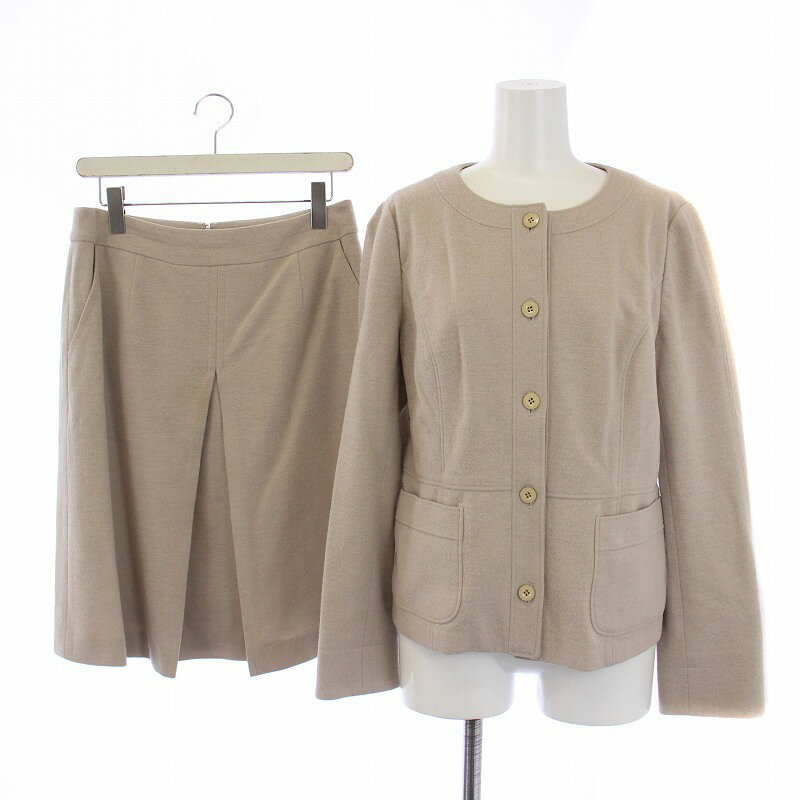 【中古】オールドイングランド OLD ENGLAND セットアップ 上下 ノーカラージャケット フレアスカート ひざ丈 ウール ナイロン 38 L ベージュ /BM ■MU レディース 【ベクトル 古着】 241217