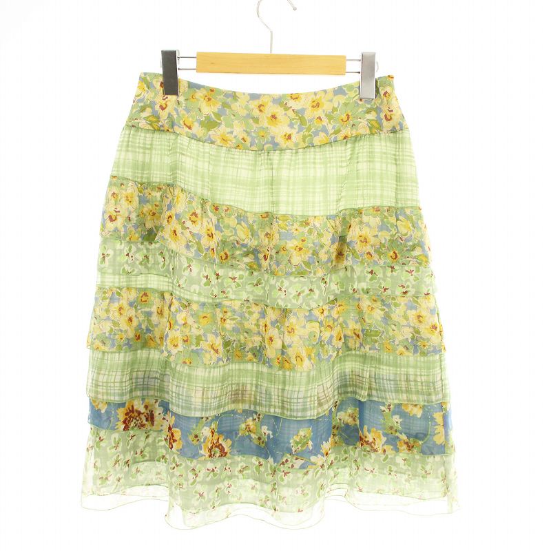 【中古】ユキトリイ YUKI TORII ミニスカート 台形 チェック柄 花柄 ティアード 40 緑 21521115 /MM ■BM レディース 【ベクトル 古着】 250406