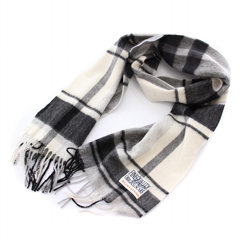 【中古】ビームス BEAMS DESIGN マフラー ストール チェック ウール カシミヤ混 黒 白 グレー /YM ■BM レディース 【ベクトル 古着】 250411