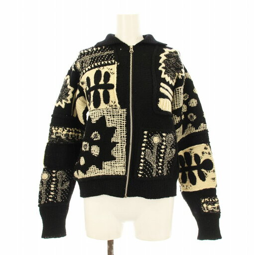 【中古】アイエス I.S. IS33-KO002 ニットジャケット ステンカラー 総柄 ウール M 黒 ブラック アイボリー /KU ■MU レディース 【ベクトル 古着】 250521 【中古】アイエス I.S. IS33-KO002 ニットジャケット ステンカラー 総柄 ウール M 黒 ブラック アイボリー /KU ■MU レディース 【ベクトル 古着】 250521