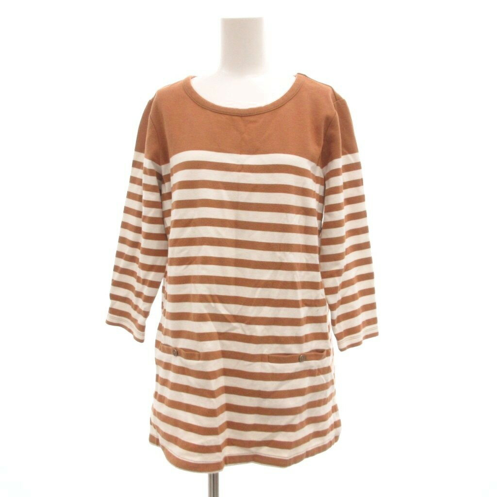 【中古】ランズエンド LANDS' END カットソー L 茶 ブラウン 白 ホワイト ボーダー柄 ラウンドネック 七分袖 /TZ ■GY66 レディース 【ベクトル 古着】 260127