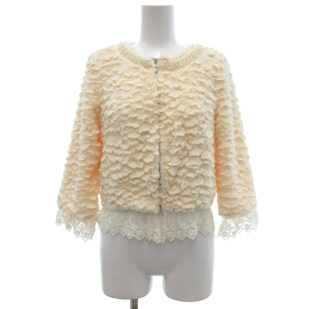 Rakuten - 【中古】Sweet Room フェイクファージャケット ジップアップ ベージュ ノーカラー ビジュー装飾 七分袖 /NL ■ECF004 レディース 【ベクトル 古着】 260404