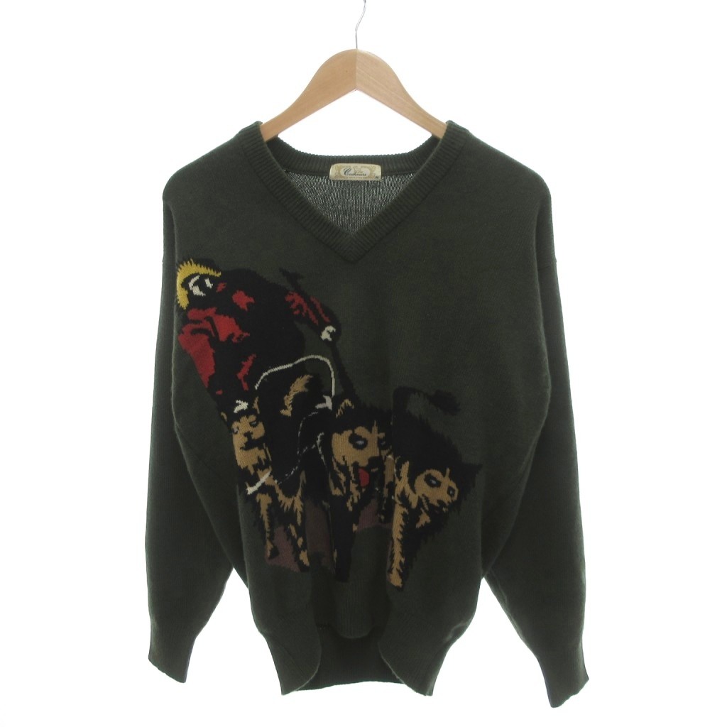 カシミヤ ハヤシダ Cashmere HAYASHIDA ヴィンテージ ニット セーター カシミヤ M 深緑 ダークグリーン 柄 Vネック 長袖 /TL ■ECF004 メンズ  260420
