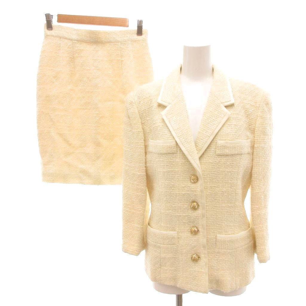 乐天商城 - 【中古】OVER TWENTY 美品 ヴィンテージ セットアップ ジャケット タイトスカート ウール 9AR ベージュ 織り柄 長袖 /NL ■ECF005 レディース 【ベクトル 古着】 260513