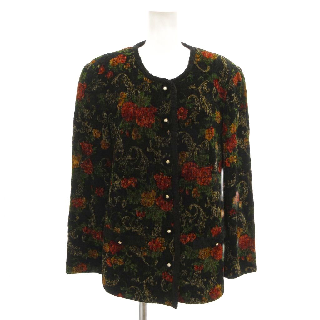 【中古】マダムジョコンダ MADAM JOCONDE ノーカラージャケット 長袖 花柄 MJ-11 黒 ブラック 緑 グリーン オレンジ /ML ■ECF007 レディース 【ベクトル 古着】 260729