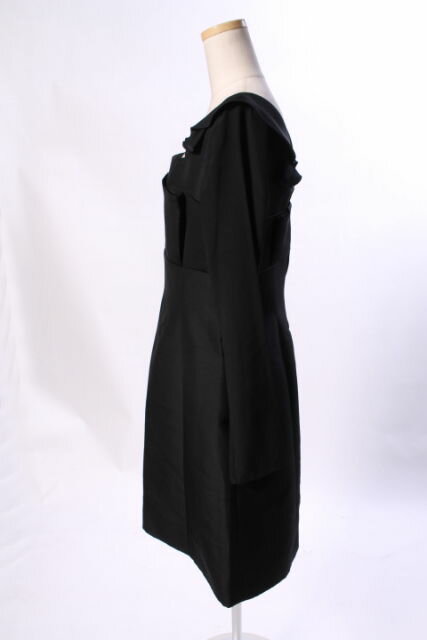 【中古】 フォクシー FOXEY Tulip Ruffle ドレス ワンピース ひざ丈 長袖 スクエアネック フリル ウール シルク 38 黒 ブラック 37076 /ey0508 レディース 【ベクトル 古着】 190508