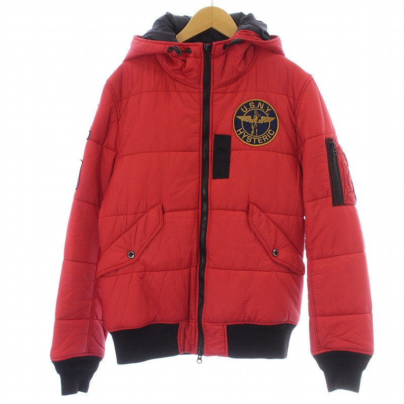 【中古】ヒステリックグラマー HYSTERIC GLAMOUR PRIMALOFT プリマロフト ナイロン タフタ フーデッド MA-1 ジャケット 中綿 ロゴ ワッペン ジップアップ M 赤 レッド 0243AB04 /KW メンズ 【ベクトル 古着】 240209