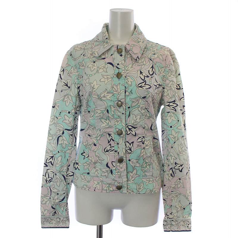 【中古】エミリオプッチ EMILIO PUCCI ジャケット コットン ボタニカル 花柄 総柄 ロゴボタン ストレッチ 水色 ライトブルー 白 ホワイ..