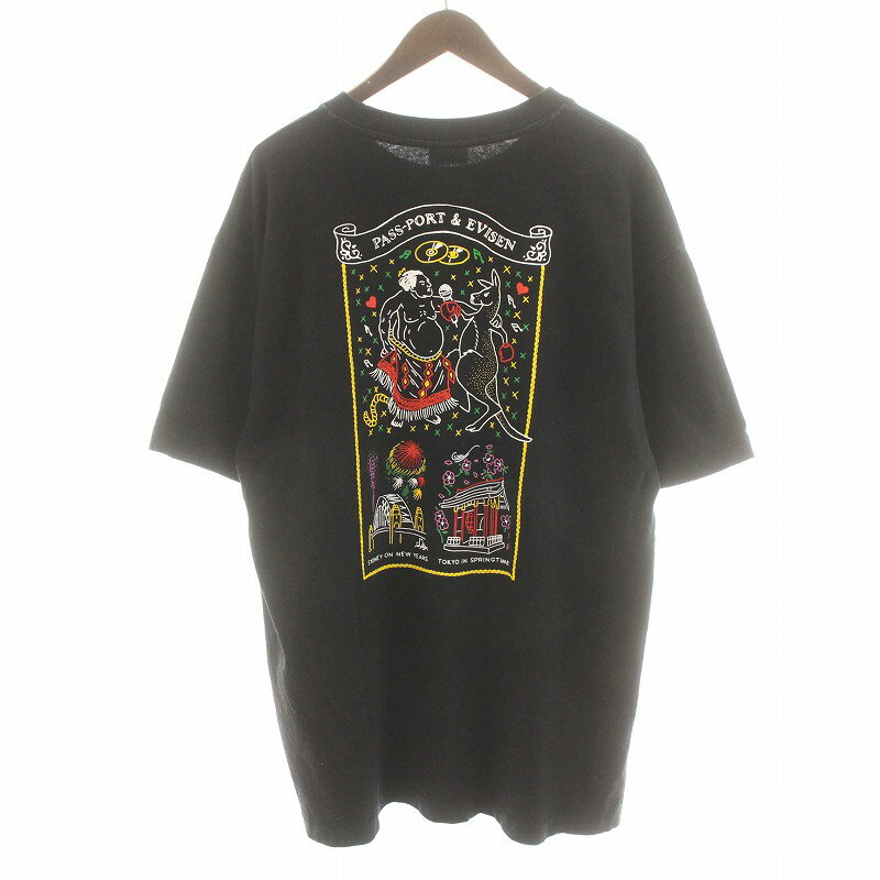 【中古】エビセン スケートボード Evisen Skateboards パスポート PASS PORTコラボ KARAOKE TEE Tシャツ カットソー 半袖 バッグプリント XL 黒 ブラック ■GY18 /MW メンズ 【ベクトル 古着】 240507