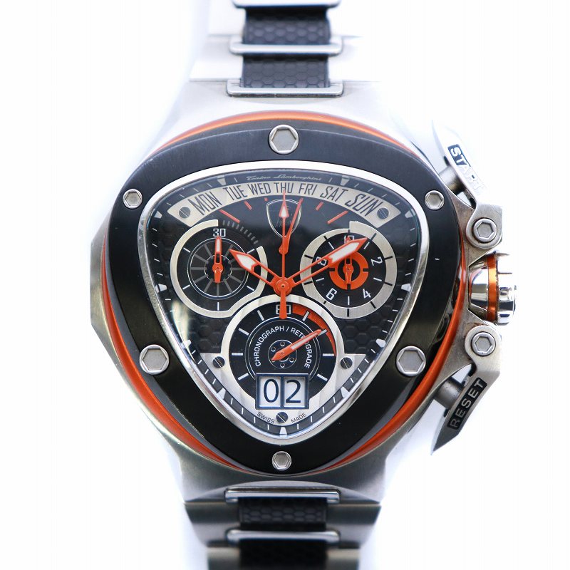 【中古】ランボルギーニ Tonino Lamborghini 3100 スパイダー Spyder Chronograph Watch 腕時計 クロノグラフ クォーツ デイト エンブレム ロゴ 黒文字盤 シルバーカラー オレンジ /AQ ■GY18 メンズ 【ベクトル 古着】 240503