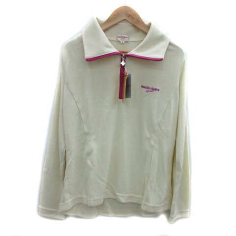 【中古】未使用品 マリクレール MARIE CLAIRE SPORT ゴルフウエア ニット カットソー 長袖 ハーフジップ ロゴ刺? L オフホワイト 紫 パープル /YS34 ■GY19 レディース 【ベクトル 古着】 241217