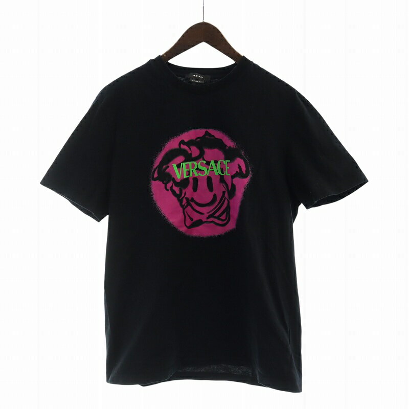 【中古】ヴェルサーチ ヴェルサーチェ VERSACE Tシャツ カットソー 半袖 ロゴ メデューサ スマイル プリント クルーネック S 黒 ブラック 1002464 1A01797 ■GY19 /MQ メンズ 【ベクトル 古着】 250214