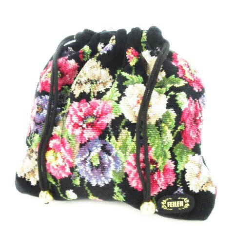 【中古】フェイラー FEILER 巾着 ポーチ シュニール織 ロゴ 花柄 サイドポケット 黒 ブラック /CK18 ■GY18 レディース 【ベクトル 古着】 250402