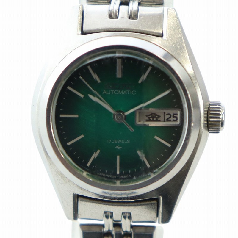 【中古】セイコー SEIKO 腕時計 ウォッチ クォーツ ロゴ カレンダー付き デイト カットガラス 緑文字盤 シルバー色 2206-0500 ■GY18 /MQ レディース 【ベクトル 古着】 250418