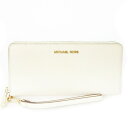 【中古】マイケルコース MICHAEL KORS 長財布 ロングウォレット 小銭入れあり ラウンドファスナー レザー シボ革 ロゴ ストラップ付き 白 アイボリ...