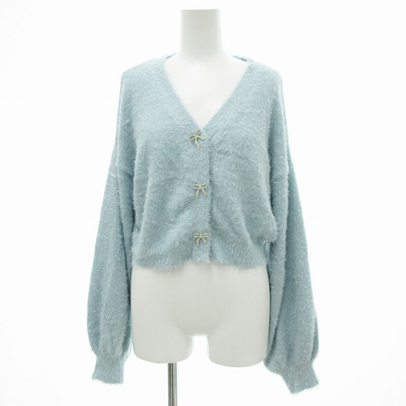 【中古】アプレスジュール APRES JOUR シャギーニット カーディガン ラメ ビジュー リボンデザイン F ライトブルー /JS ■GY39 レディース 【ベクトル 古着】 250507