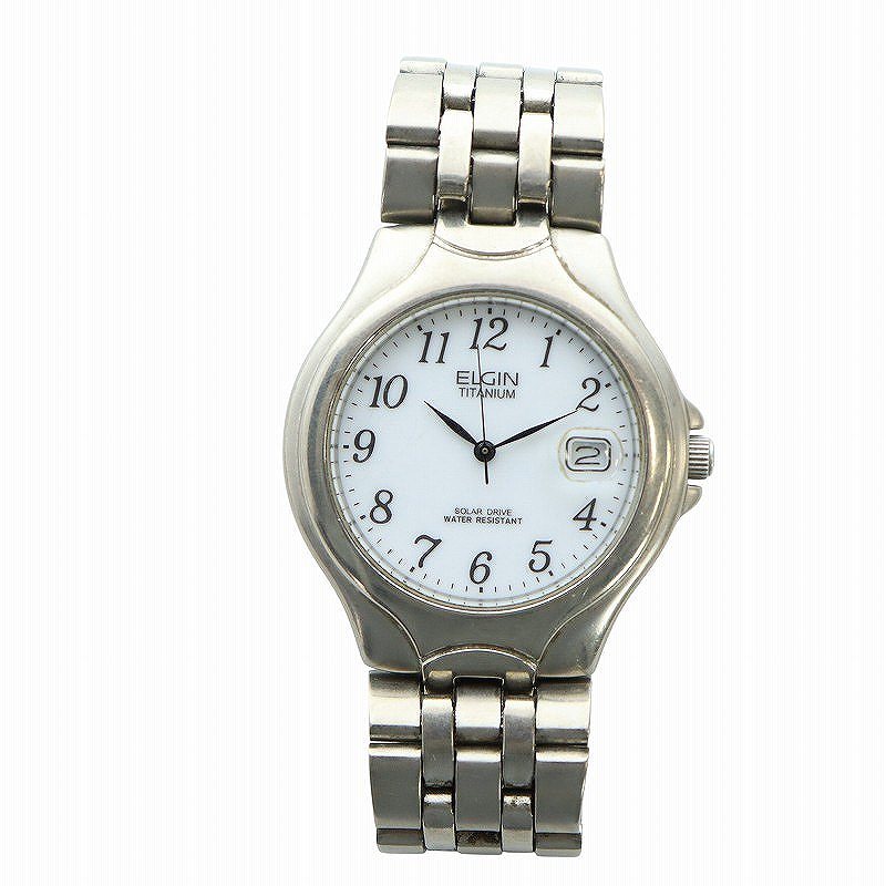 【中古】エルジン ELGIN 腕時計 ウォッチ ソーラー カレンダー付き ラウンド 白文字盤 ロゴ シルバー色 FK-1149-C ■GY11 /MQ メンズ 【ベクトル 古着】 250424