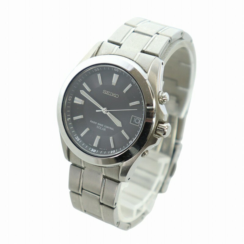 【中古】セイコー SEIKO 腕時計 ウォッチ ソーラー カレンダー付き ラウンド 黒文字盤 ロゴ シルバー色 7B22-0AY0 ■GY18 /MQ メンズ 【ベクトル 古着】 250513
