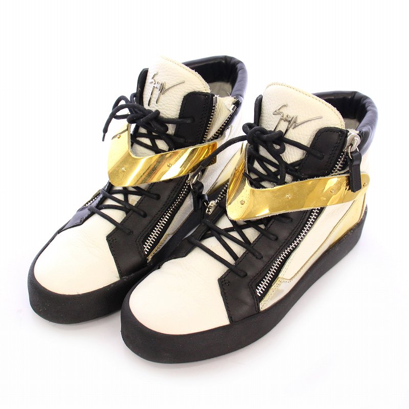 【中古】ジュゼッペザノッティデザイン GIUSEPPE ZANOTTI DESIGN スニーカー ハイカット レザー 皮革 ロゴ サイドジップ 43 27.0 白 ホワイト 黒 ブラック 金 ゴールド /MP ■GY17 メンズ 【ベクトル 古着】 250602