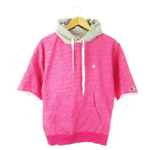 【中古】チャンピオン CHAMPION プルパーカー スウェット 半袖 フーディ ロゴ刺繍 配色 バイカラー S ピンク /CK13 メンズ 【ベクトル 古着】 250606