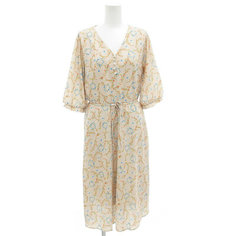 【中古】トッコ TOCCO ワンピース 総柄 Vネック フェイクパール 半袖 ロング ベージュ /FF レディース 【ベクトル 古着】 250626