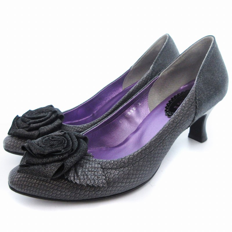 【中古】アナスイ ANNA SUI パンプス スクエアトゥ ハイヒール フラワー装飾 ダークグレー 3 /OU レディース 【ベクトル 古着】 250703