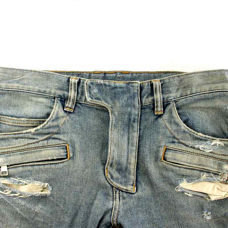 【中古】バルマン BALMAIN バイカーデニムパンツ ジーンズ Gパン ジーパン スキニー テーパード ダメージ加工 切りっぱなし 切替 ジップフライ 28 インディゴブルー /MP ■GY03 メンズ 【ベクトル 古着】 250701