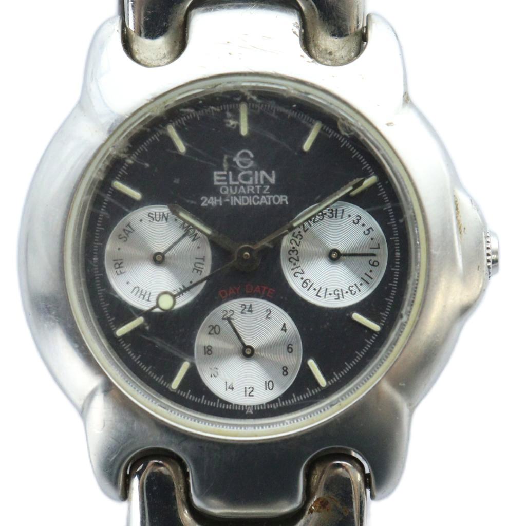【中古】エルジン ELGIN 腕時計 ウォッチ クォーツ クロノグラフ 黒文字盤 ロゴ シルバー色 FK-366-A ■GY18 /MQ メンズ 【ベクトル 古着】 250910(2)