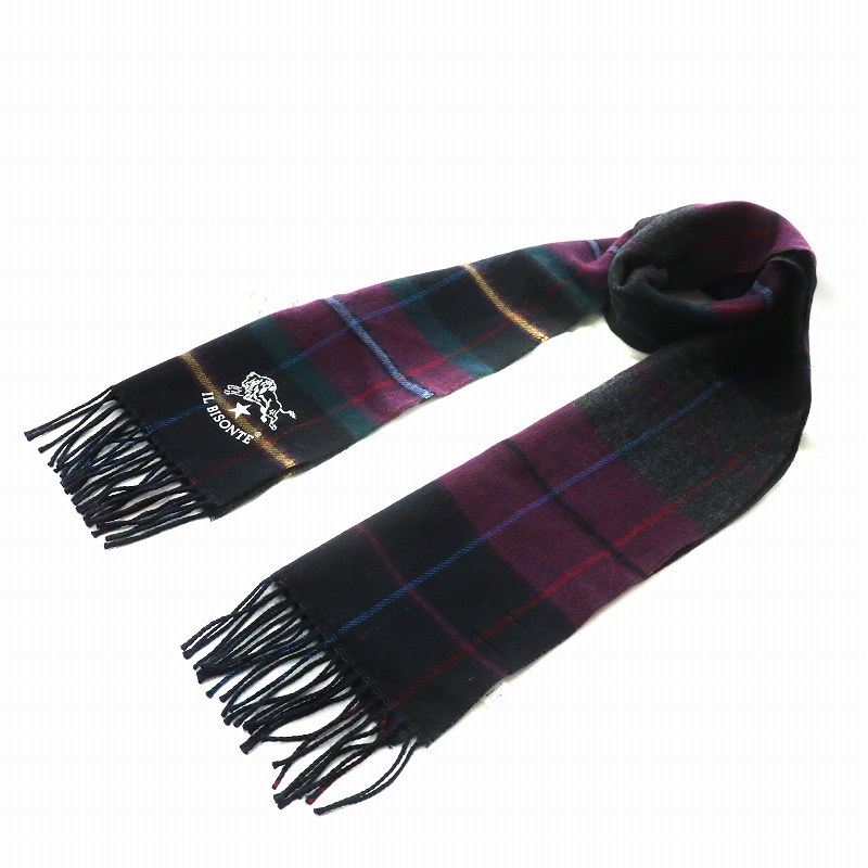 【中古】イルビゾンテ IL BISONTE マフラー ストール ウール チェック柄 フリンジ ロゴ プリント マルチカラー /XZ ■GY18 メンズ 【ベクトル 古着】 250716