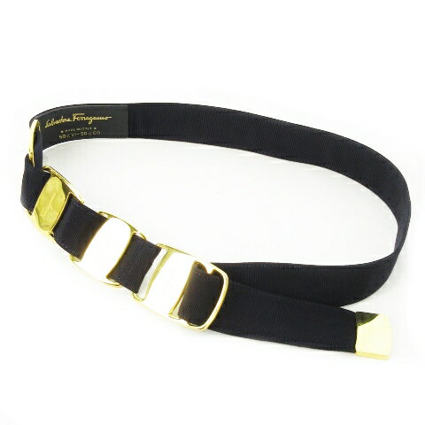 【中古】サルヴァトーレフェラガモ Salvatore Ferragamo ベルト ウエストマーク ナイロン VARA ヴァラ 四連 ゴールド金具 紺 ネイビー ..