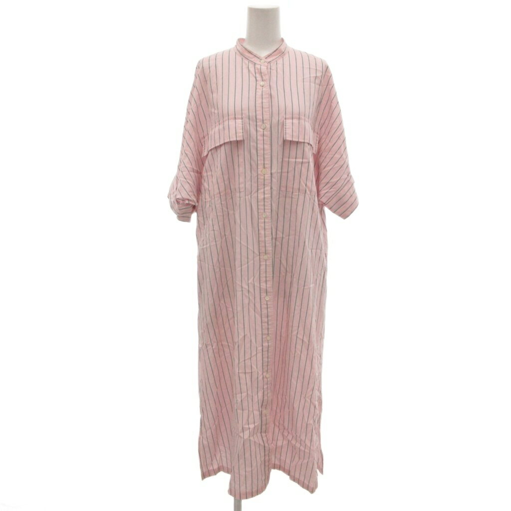 【中古】B&Y ユナイテッドアローズ BEAUTY&YOUTH ビューティー&ユース シャツワンピース ロング丈 ストライプ柄 バンドカラー 半袖 ピンク グレー /NU レディース 【ベクトル 古着】 250908