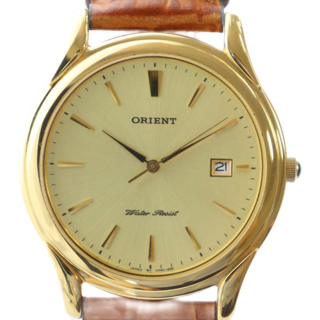 【中古】オリエント ORIENT 腕時計 ウォッチ クォーツ カレンダー付き レザーベルト ロゴ ゴールド色 UN4C-A0 ■GY18 /MQ メンズ 【ベクトル 古着】 250822