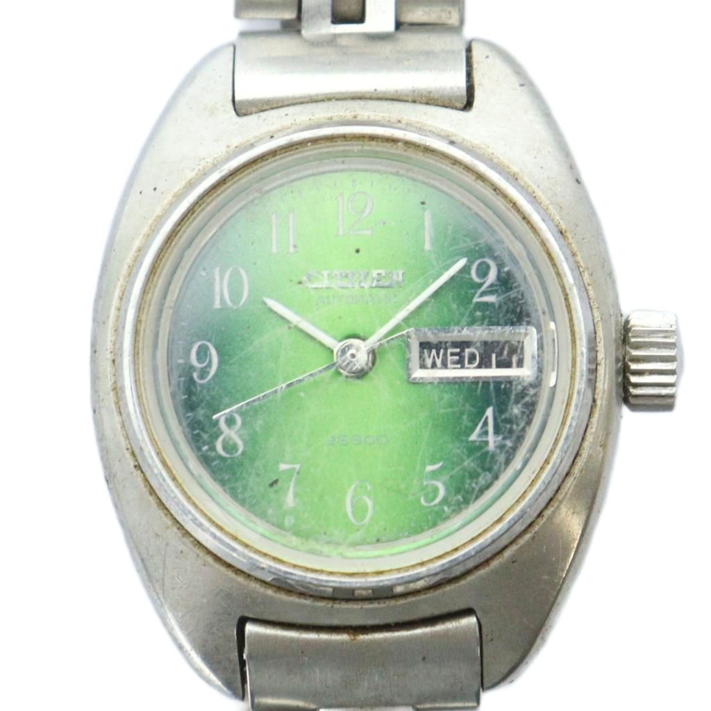 【中古】シチズン CITIZEN 28800 腕時計 ウォッチ 自動巻き デイデイト カレンダー付き 緑文字盤 シルバー色 4-660820 TA ■GY11 /MQ メンズ 【ベクトル 古着】 250917