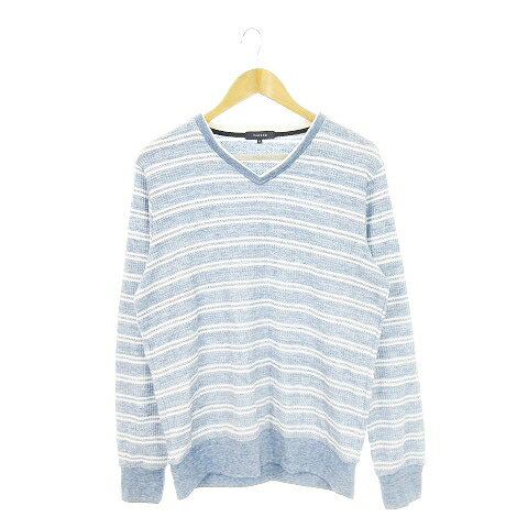 【中古】タカQ タカキュー TAKA-Q ニット セーター ワッフル Vネック 長袖 ボーダー LL 青 ブルー /AH21 メンズ 【ベクトル 古着】 250826