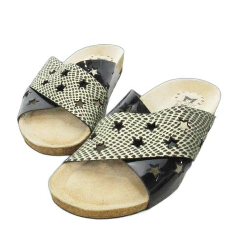 【中古】メフィスト MEPHISTO サンダル ミュール フラット クロス レザー 本革 リザード型押し 箔プリント パンチング 星柄 36 23cm 黒..