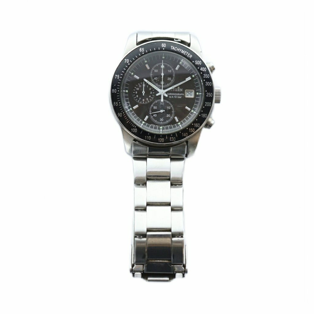 【中古】シチズン CITIZEN 腕時計 ウォッチ クォーツ 黒文字盤 ロゴ クロノグラフ カレンダー付き デイト シルバー色 0510-K16008 ■GY18 /MQ メンズ 【ベクトル 古着】 250927