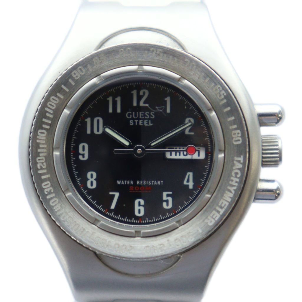 【中古】ゲス GUESS 腕時計 ウォッチ クォーツ 黒文字盤 カレンダー付き シルバー色 ■GY18 /MQ メンズ 【ベクトル 古着】 251003