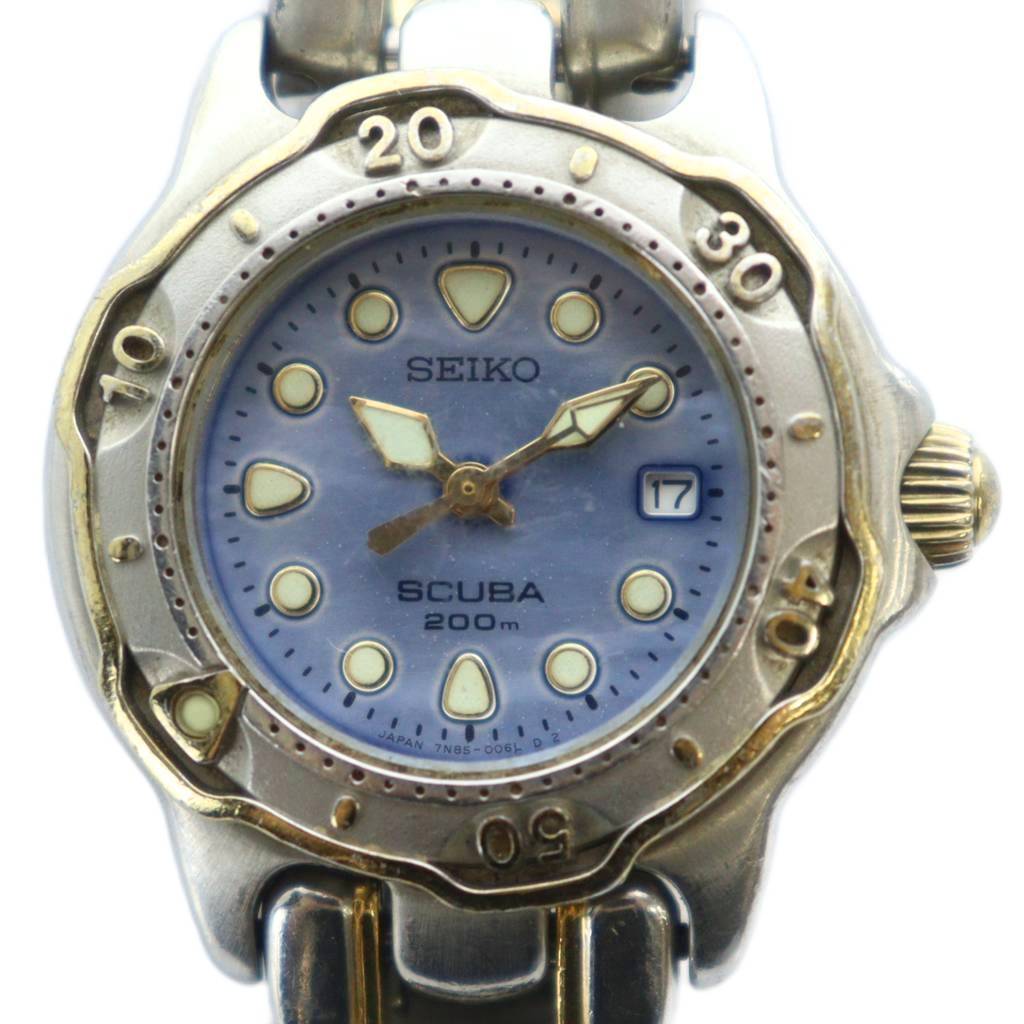 【中古】セイコー SEIKO SCUBA スキューバ 200M 7N85-0070 腕時計 ウォッチ クォーツ ブルー シェル文字盤 青文字盤 デイト カレンダー付き シルバー色 ■GY18 /MQ メンズ 【ベクトル 古着】 251024
