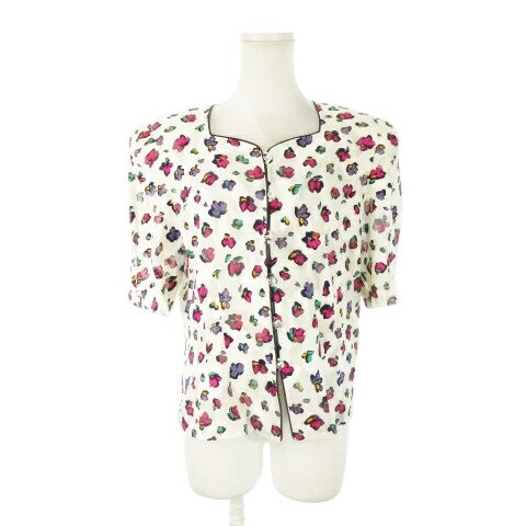 【中古】レリアン Leilian ノーカラージャケット 五分袖 シアー ジャガード タック 花柄 総柄 11 白 ホワイト /MN11 レディース 【ベクトル 古着】 251003(4)