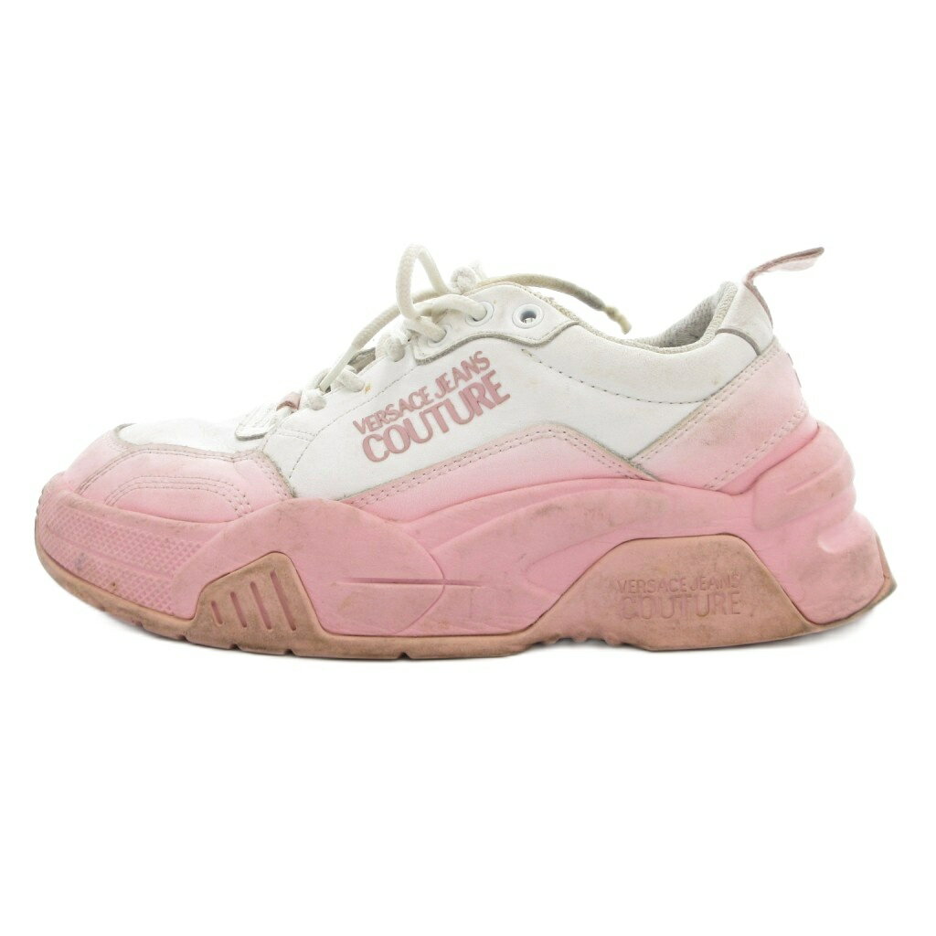 【中古】ヴェルサーチジーンズ VERSACE JEANS COUTURE STARGAZE ローカットスニーカー シューズ 厚底 ロゴ 23cm 白 ホワイト ピンク 72VA3SF4 71960 /GV ■GY03 レディース 【ベクトル 古着】 251025