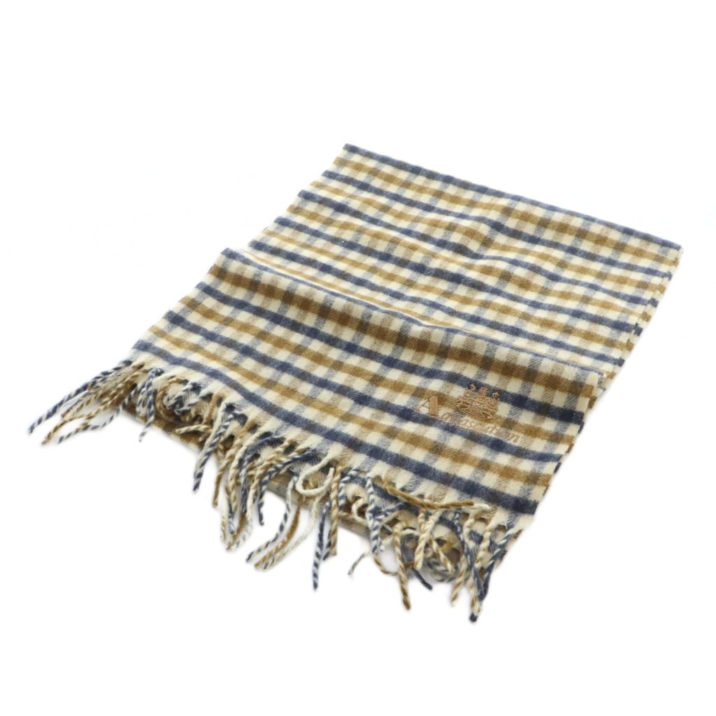 【中古】アクアスキュータム AQUASCUTUM クラブチェック マフラー ストール ロゴ刺繍 カシミヤ混 茶 ブ..