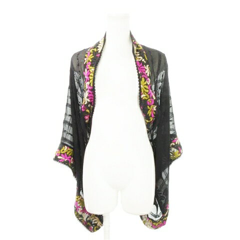 【中古】グレースコンチネンタル GRACE CONTINENTAL ボレロ カーディガン 七分袖 ワイドスリーブ シルク 絹 透け感 ライン レース フラワー 花柄 36 S 黒 ブラック /AH25 ■GY99 レディース 【ベクトル 古着】 251104(4)