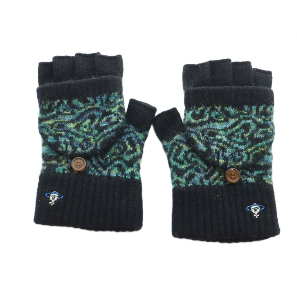 【中古】ヴィヴィアンウエストウッド Vivienne Westwood 手袋 グローブ ロゴ ニット 総柄 オーブ 黒 ブラック 緑 グリーン ■GY18 /MQ レディース 【ベクトル 古着】 260110 2