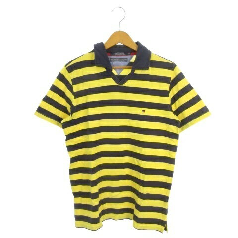 【中古】トミーヒルフィガー TOMMY HILFIGER ポロシャツ M 黄 イエロー 紺 ネイビー ストライプ柄 Vネック 半袖 /MN11 ■GY99 メンズ 【ベクトル 古着】 260203