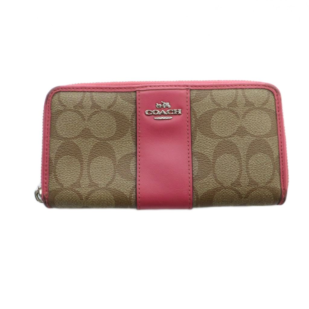 【中古】コーチ COACH F54630 長財布 ウォレット ロゴ ラウンドファスナー PVC レザー 茶 ブラウン ピンク ■GY18 /MQ レディース 【ベクトル 古着】 260130