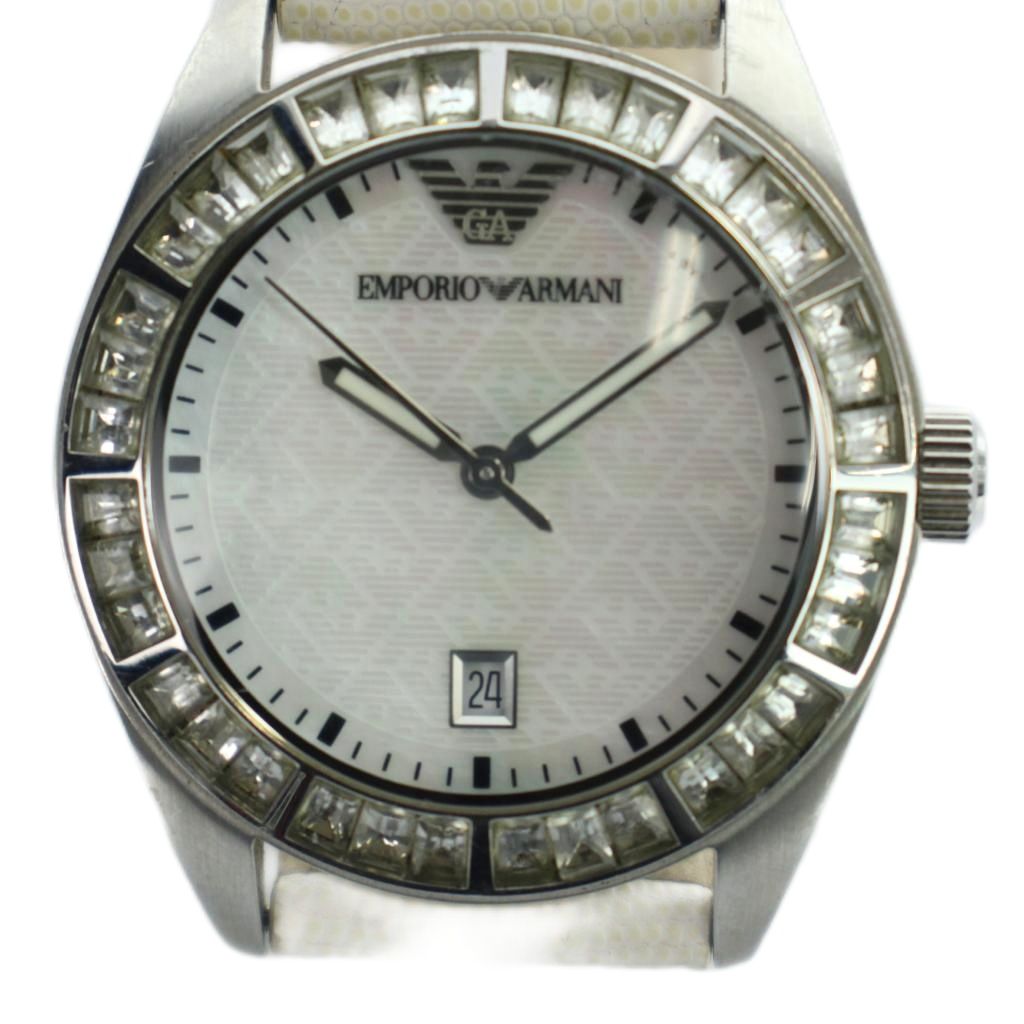 【中古】エンポリオアルマーニ EMPORIO ARMANI AR-0529 腕時計 ウォッチ クォーツ ラインストーン シェル文字盤 レザーベルト カレンダー付き デイト シルバー色 ■GY11 /MQ メンズ 【ベクトル 古着】 260326