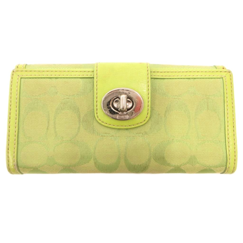 【中古】コーチ COACH 長財布 ウォレット 緑 グリーン シグネチャー柄 ターンロック開閉 切り替えデザイン /ML ■GY99 レディース 【ベクトル 古着】 260430