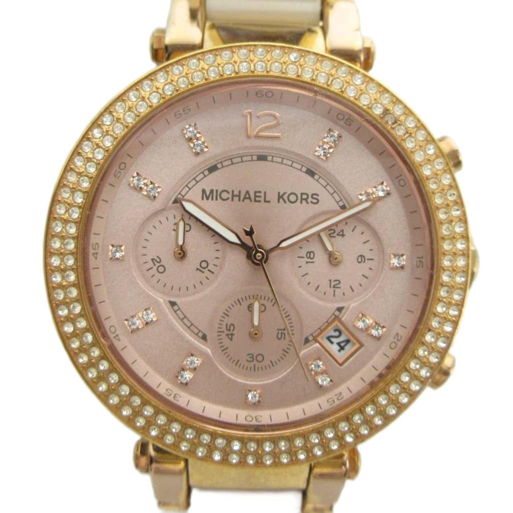 【中古】マイケルコース MICHAEL KORS MK-5896 腕時計 ウォッチ クォーツ クロノグラフ カレンダー付き 石付き ゴールド色 ■GY18 /MQ レディース 【ベクトル 古着】 260525